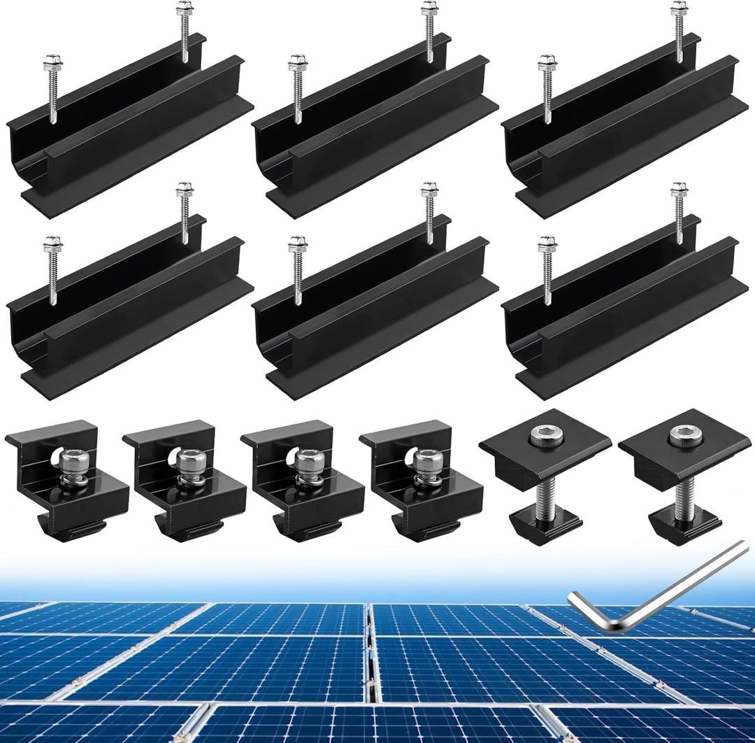 Anbte 6Pcs Solar Panel Mounting Kit, Aluminium 4.72" Solar Panel Mounting Rail & 30mm/35mm End Clamp & Mid Clamp, Solar Panel Mounting Brackets for Metal Roof, Tin Roof, Flat Roof, Sheet Roof, Black
