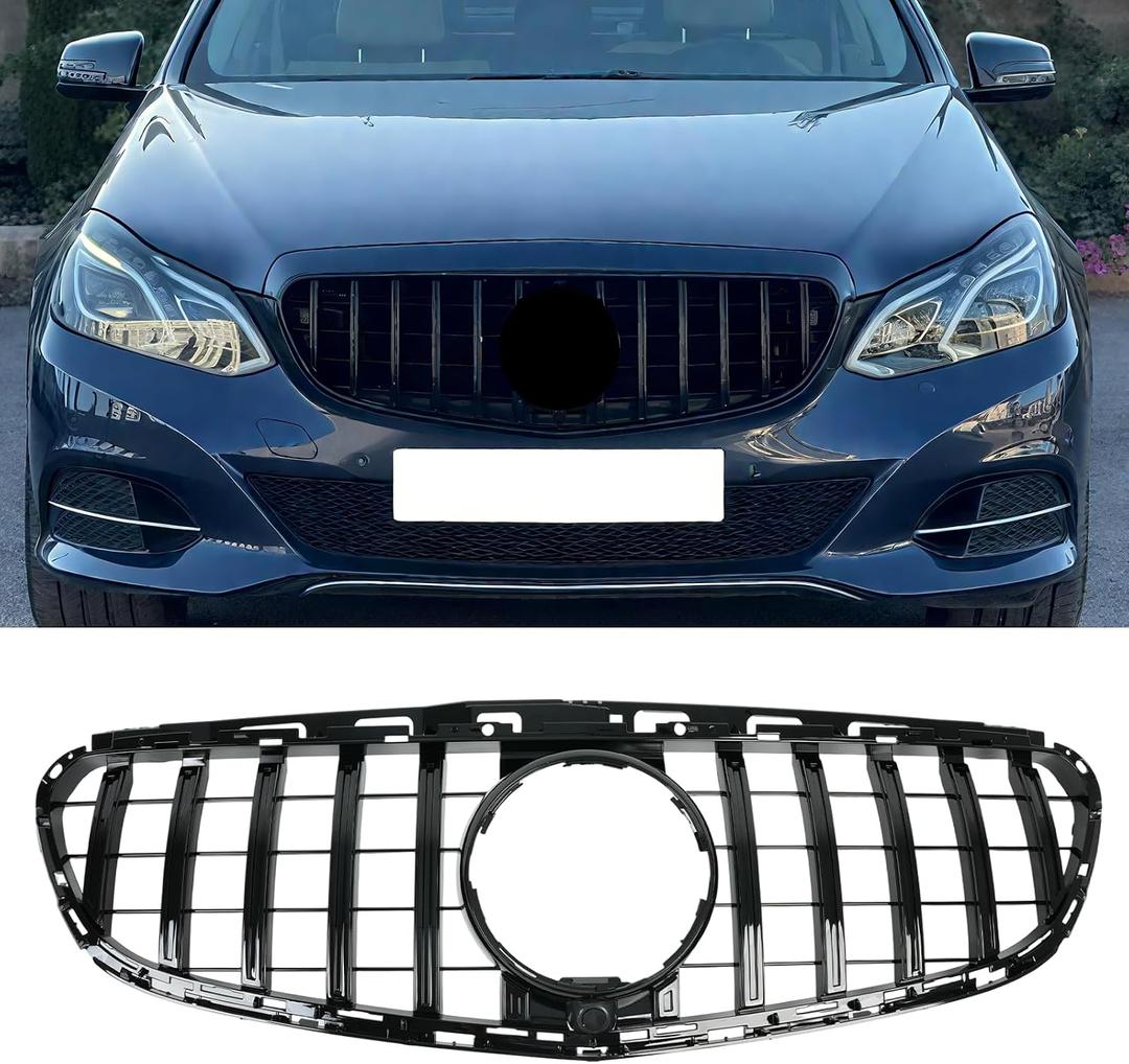 Front Grill Grille for 2014-2016 Mercedes Benz W212 E-Class E200 E250 E300 E350 E400 GT Style Glossy Black Front Bumper Grill Direct Fit Replacement ABS No Modification Required With Camera Hole