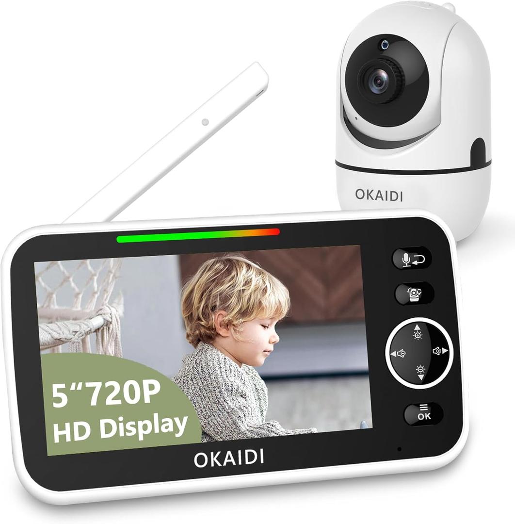 720P HD Baby Monitor, 5 Inch Baby Monitor with Camera and Audio, 5000mAh Battery, Remote Pan-Tilt, 3X Zoom, 1000ft Baby Monitor NO WiFi, Night Vision, 2-Way Talk, Temperature, Lullabies (OD8050 HD)