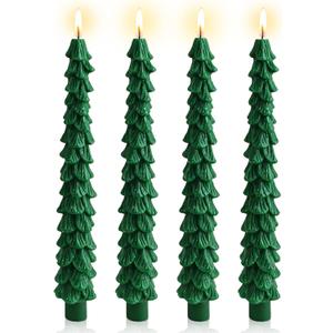 Gedengni Christmas Tree Taper Candle - 10inches Unscented Tree Shaped Green Candlesticks Decorative Tapered Candles for Holiday Xmas Party Dinner Table,G-4pcs