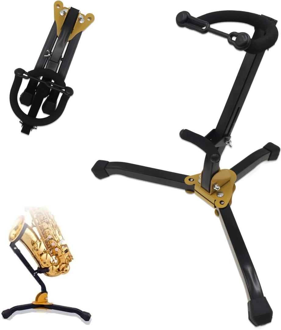 CashBeat Folding Alto/Tenor Saxophone Stand, Adjustable Sax Holder with Portable Triangle Base Design, Sturdy Metal Construction & Chain Lock, Ideal for Music Rehearsals & Performances