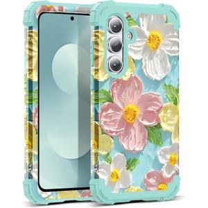 Compatible with Galaxy S25 FE Case,3 in 1 Oil Painting Flower Pattern Heavy Duty Shockproof Protection Silicone Rubber Bumper+Hard PC Protective Cover for Samsung S25 FE 6.7",Green Flower