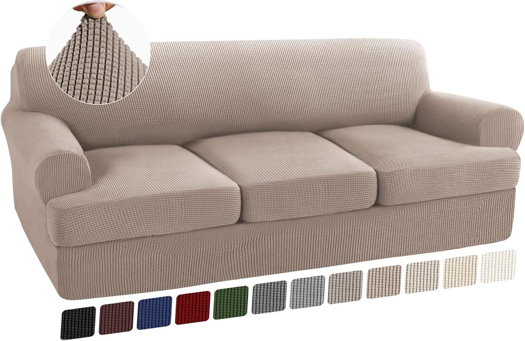 Turquoize 4 Piece T Cushion Sofa Slipcovers Stretch Couch Cover Furniture Covers with 3 Individual T Cushion Covers, Machine Washable (3 Cushion Sofa, Sand)