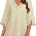 Women's 3/4 Sleeve Tops Pleated V Neck Business Casual Chffion Blouses Dressy Office Work Shirts Loose Fit Tunics (Beige, M)
