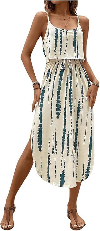 RoseSeek Women's Spaghetti Strap Tie Dye Cami Dress Scoop Neck Split Thigh Midi Dresses Knot Front Sun Dresses Size (XL)