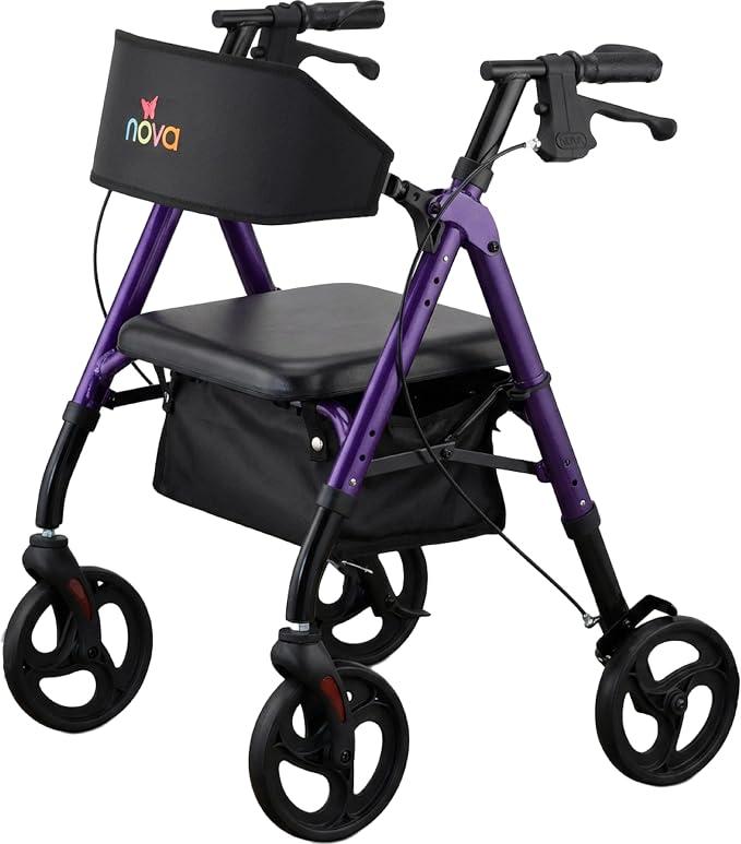 NOVA Star 8 Petite Foldable Rollator Walker - Lightweight 18 lb Aluminum Frame, 8” Wheels, Adjustable Height, Padded Seat & Backrest, for Petite Adults (4’10” - 5’4”), 300 lb Capacity, Purple