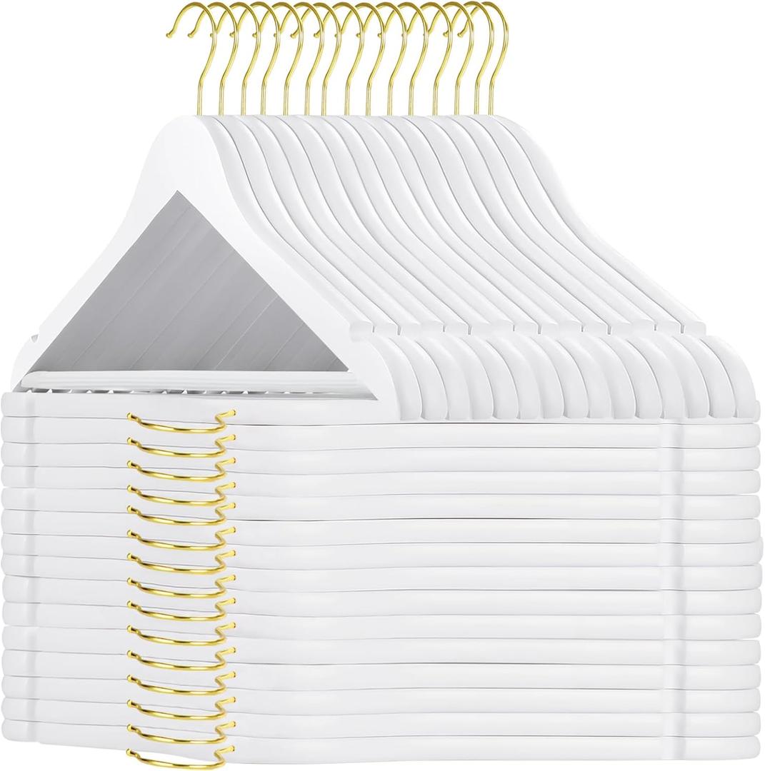 TOPIA HANGER Wooden Hangers 30 Pack, White Wood Coat Hanger with 360 Swivel Gold Hook, Non Slip Pants Bar and Shoulder Notches for Camisole, Jacket, Pants, Smooth Finish Clothes Hangers -CT34WG30
