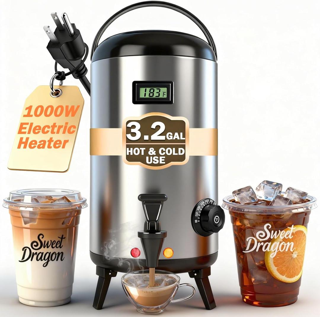 Electric Insulated Beverage Dispenser With Heating 75 Cup Hot & Cold Drink Water Urn with Spigot 12 L / 3.2 Gallon Stainless Steel Hot Coffee & Tea Drink Dispenser for Catering, Juice, Milk,Silver