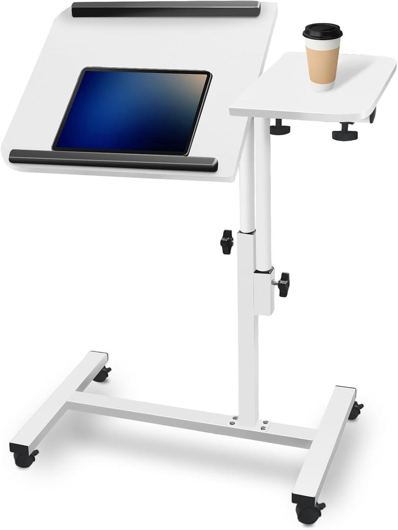 Tilt-Swivel Dual Desktop Bed Side Table Tray with Wheels, Adjustable Height Laptop Over Bed Table, Folding Lightweight Hospital Bed Table, White