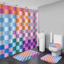 4 PCS Checkered Shower Curtain Sets Fun Gingham Bathroom Sets Soft Non Slip Bath Rugs Toilet Cover U-Shaped Mat Retro Bright Waterproof Shower Curtains with 12 Hooks for Tub Toilet, Colorful, 71"W x 71"L