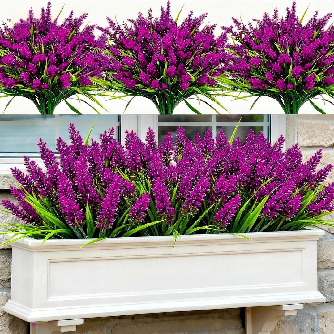 Geegoods Artificial Plants Flowers Outdoor – 48 Bundles UV Resistant Faux Lavender Flowers with Monkey Grass for Garden Porch Window Patio Hanging Planter Decor