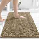 Grandaily Chenille Striped Bathroom Rugs 60x20, Extra Thick and Absorbent Bath Mats, Non-Slip Soft Plush Shaggy Shower Carpet, Machine Wash Dry, Bath Rug for Bathroom, ( Tan)