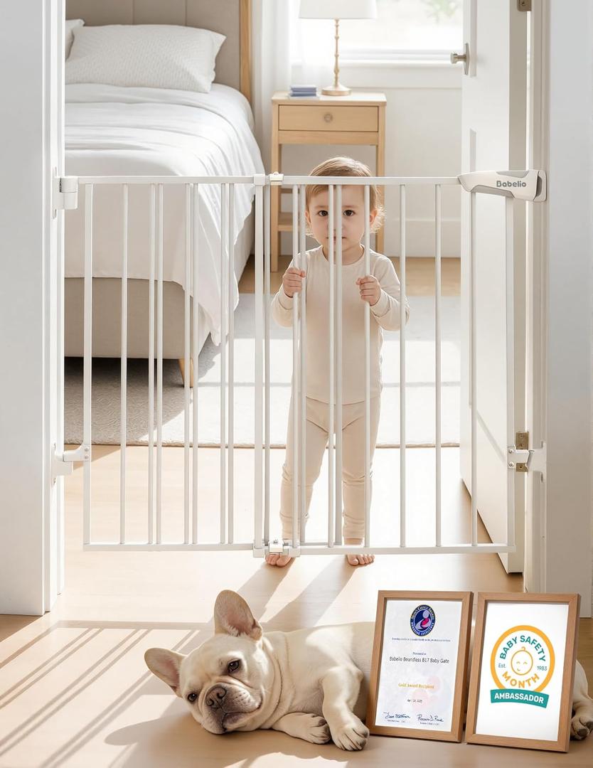 Babelio Baby Gate for Stairs, Kitchen & Doorways, No Bottom Bar| Easy Installation| One-Handed Operation| Auto-Close| Hardware Mount (Drill Needed) Safety Dog Gate (White - B17, 24-39" W, 28" H)