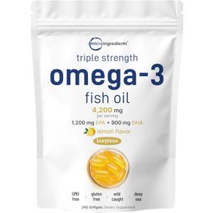 Micro Ingredients Triple Strength Omega 3 Fish Oil Supplements 4200mg Per Serving, 240 Softgels – Lemon Flavored – Burpless | EPA 1200mg + DHA 900mg | Deep Sea Fish, EXP 05/2028