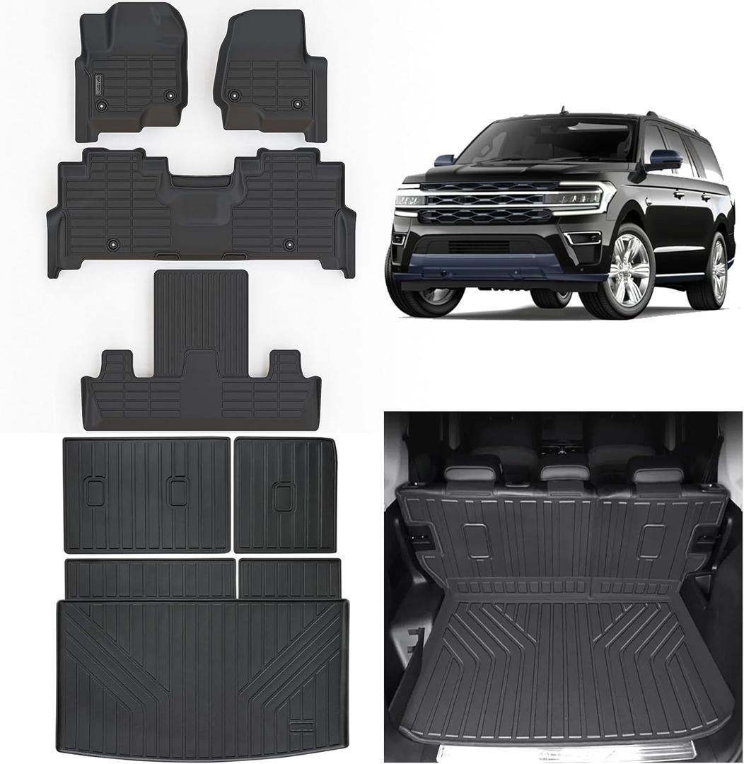 Floor Liners & Large Cargo Liners for 2018-2023 2024 Ford Expedition MAX 7 Seats(2 Row Bucket Seat) with Backrest ProtectionTPE All Weather Car Floor Mats with Large Trunk Mat