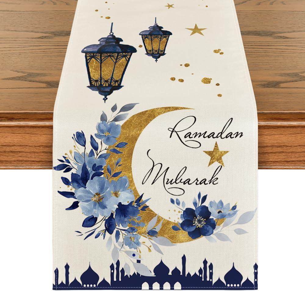 Artoid Mode Castle Lantern Flower Ramadan Table Runner, Seasonal Kitchen Dining Table Decoration for Home Party Decor 13x36 Inch (Beige)