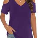 Elesomo Womens V Neck Cold Shoulder Tops Short/Long Sleeve Summer T Shirts Basic Tees,  XL, Purple
