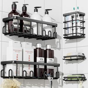 YASONIC Adhesive Shower Caddy, 5 Pack Black Shower Shelves for Inside Shower, Rustproof Shower Organizer with Soap and Toothbrush Holder, No Drilling Shower Storage for Bathroom/Kitchen