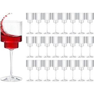 24PCS Ribbed Plastic Glasses - 12oz Unbreakable Glasses with Stem, Disposable Clear Plastic Champagne Cups with Ribbon for Party, Wedding, Poolside, Outdoor, Camping, Picnic