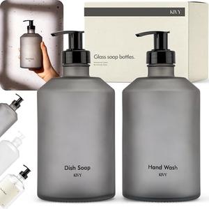 KIVY Glass Soap Dispenser Set [INCL. Waterproof Labels] - Glass Soap Dispenser with Pump - Hand Soap and Dish Soap Set - for Kitchen, Shower & Bathroom - Refillable (Matte Black)
