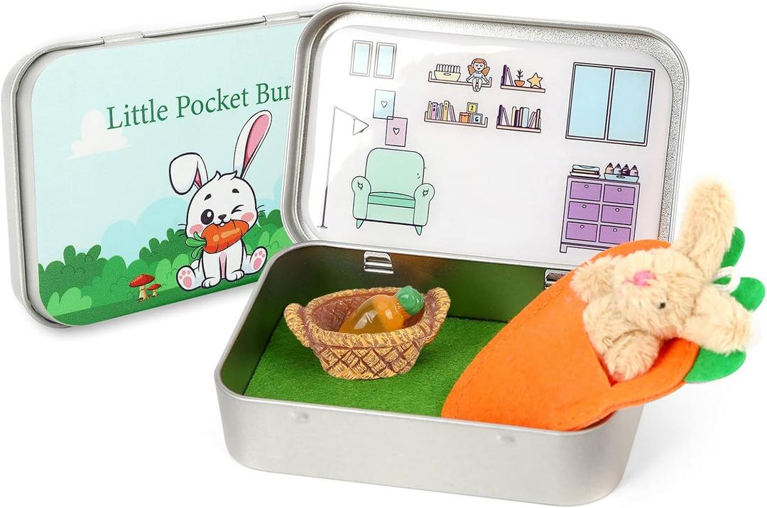 Little Pocket Bunny, Easter Basket Stuffer, Easter Gifts for Kids, DIY Pet Bunny Adoption, Easter Baskets,Cute Rabbit in Tin Box, Travel Buddy