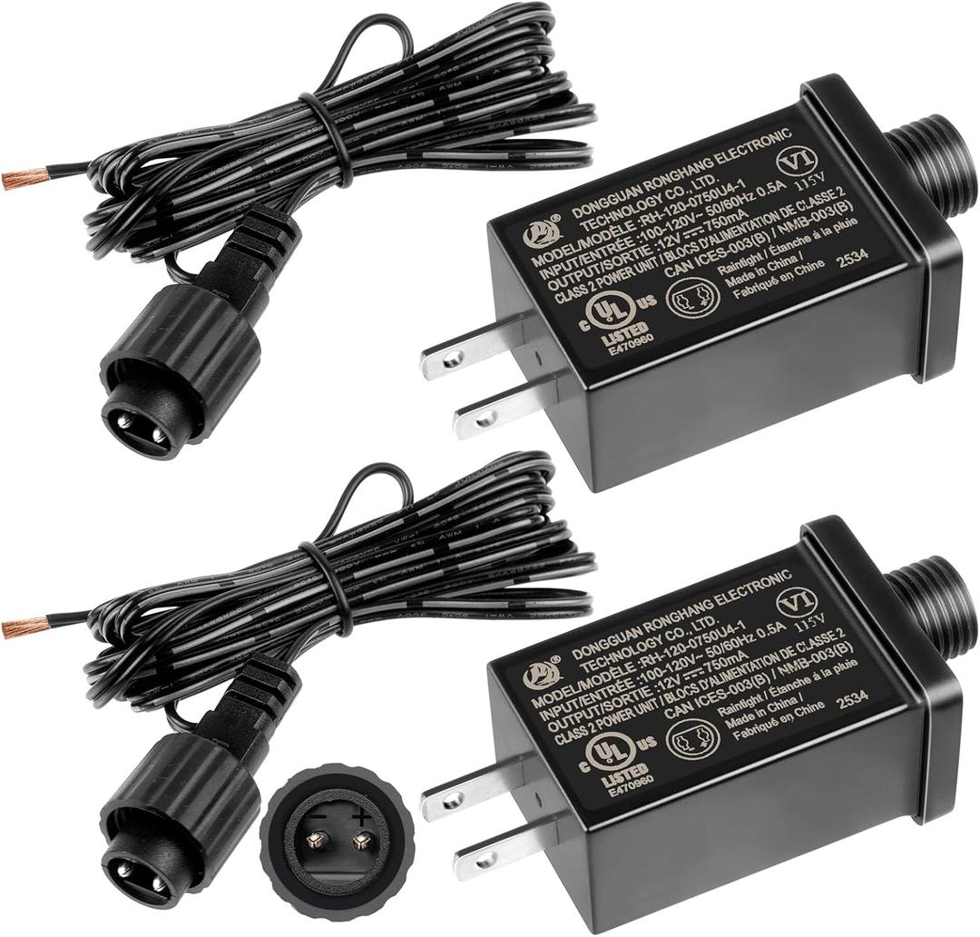 2Pack 12V 0.75A Yard Inflatable Plug Adapters with 2 10ft Extension Cables Replacement Class 2 Power Supply for Halloween Christmas Decoration Transformer US Plug for LED String Lights