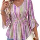 Timeson Women's 3/4 Sleeve Tops Dressy Casual V Neck Floral Blouses Elastic Waist Fall Shirts (Pink, L)