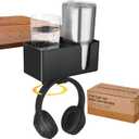 4-in-1 Clip On Desk Cup Holder - Adjustable Mountable Cup Holder with Divider & Rotating Hook - Large No Spill Clamp On Drink Holder Attachment - for Desk Chair Table Bed Tray - Black