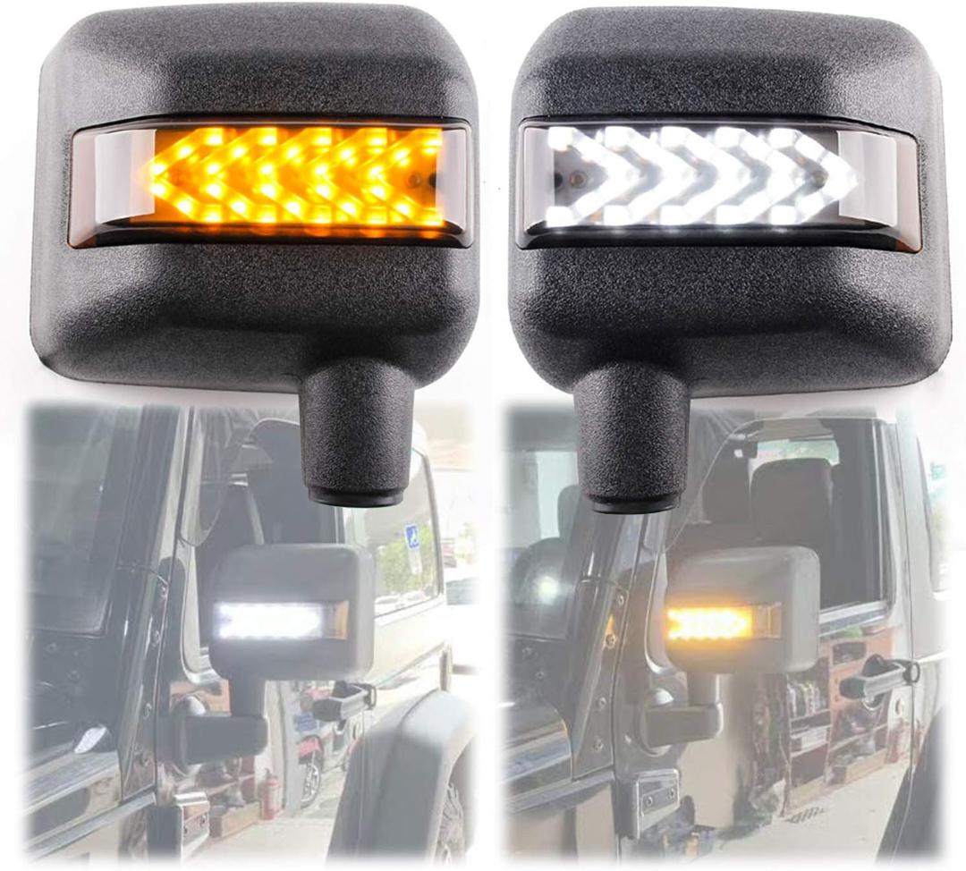 LED Side Mirror with Amber Sequential Turn Signal Lights and White Daytime Running Lights Fit for Jeep Wrangler JK JKU 2007-2018 (1 Pair)
