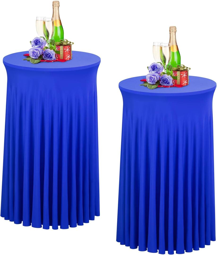 Babenest 24"x 43" Round Cocktail Table Skirt, 2 Pack Spandex Stretch Round Tablecloths Natural Wavy Drapes, Fitted High Top Bar Cocktail Table Covers for Wedding Party Birthday Banquet (Royal Blue)