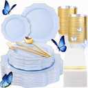 WDF 175Pcs Blue Plastic Plates - Heavy Duty Baby Blue Plates Disposable - 25Guests Plastic Dinnerware Ideal for Parties/Wedding/Baby Shower/Spring/First Communion/Fathers Day (Bule and Gold)