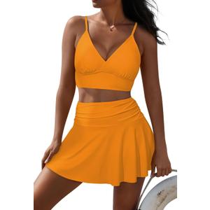 Pink Queen Women's High Waisted Bikini Set Two Piece Swimsuit V Neck Spaghetti Straps Swim Skirt Bathing Suit (Medium, Orange)