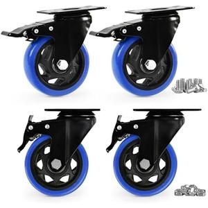 Caster Wheels, Heavy Duty 4 Inch Casters Set of 3, Locking Swivel Casters Wheels for Cart, Furniture and Workbench, Blue