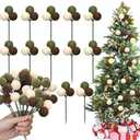 Syhood 12 Set 7.9 Inch Christmas Ball Picks and Sprays Shatterproof Xmas Brown Dark Green Beige Ball Ornaments on Wired Picks for Christmas Tree Vase Wreath Stairs Garland Decoration Supplies