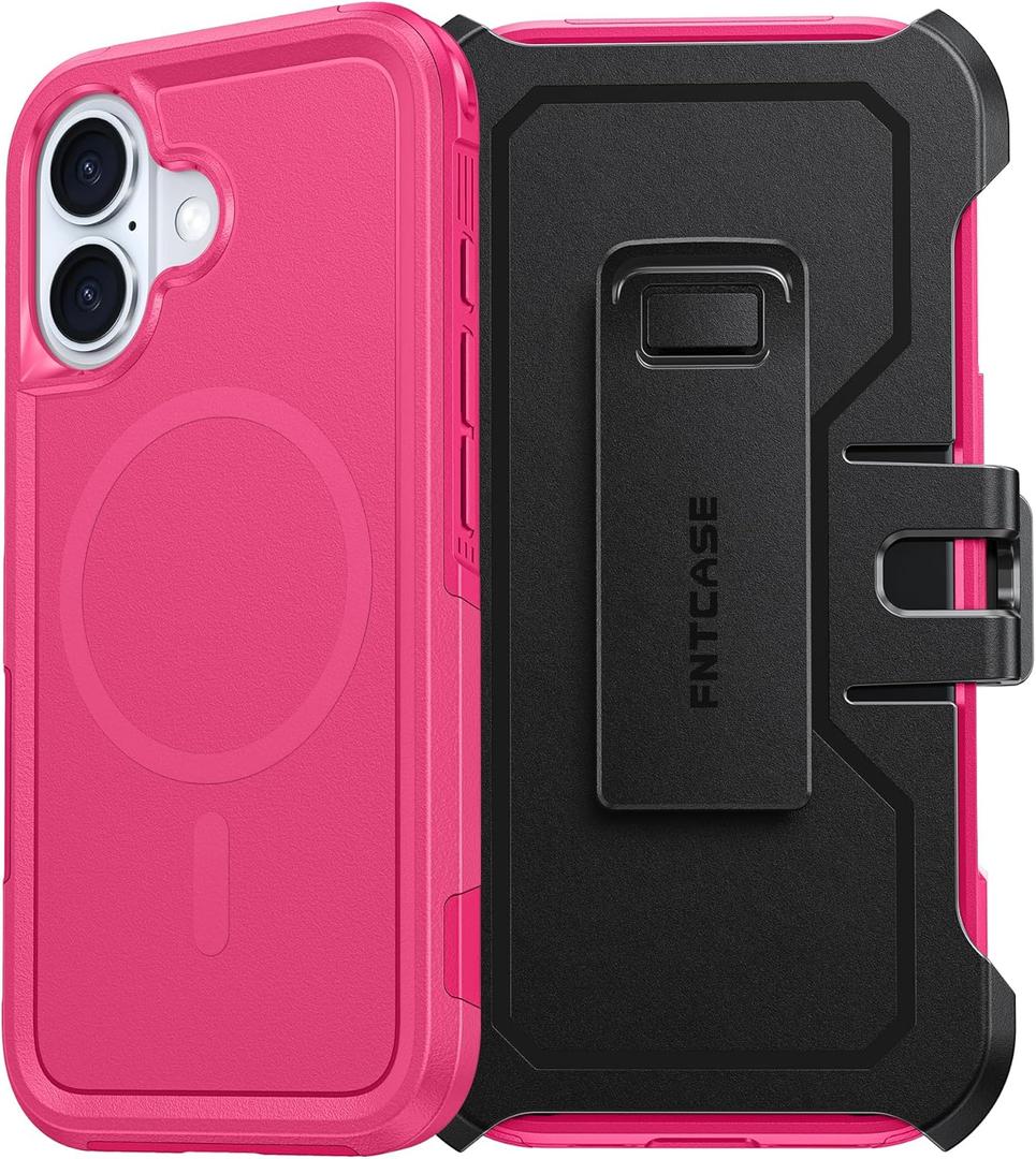FNTCASE for iPhone 16 Magnetic Case: Dual Layer Shockproof Protective Cell Phone Cover with Rugged Belt-Clip Holster | Heavy Duty Military Grade Drop Protection Non Slip Textured Phonecase Hot Pink