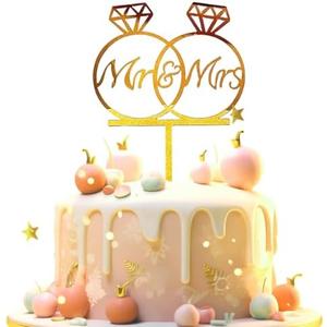 Gold "MR & MRS" Acrylic Cake Topper - 2 Diamond Ring Patterns for Proposal and Wedding Party Cakes and Cupcakes