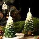BRONYPRO 2 Pcs Christmas Tree Flickering Flameless Candles, Real Wax LED Candles Battery Operated, Christmas Home Wedding Decor, Set of 2, White-to-Green (7.3" X 3.5")