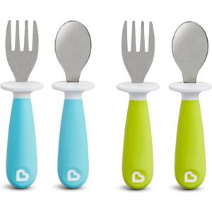 Munchkin Raise Toddler Fork and Spoon Utensil Set, Rest Keeps Tip Off Table, BPA Free, 4 Pack, Blue/Green