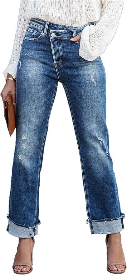 Womens Denim Cargo Pants Flap Pocket High Waisted Stretchy Straight Wide Leg Jeans, M