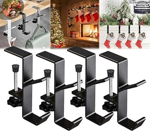 2 in 1 Garland Stocking Hangers, Fireplace Stocking and Garland Hanger, No Drill Hooks Stocking Holders for Mantle Garland Hanger Mantle Hooks for Home Party Decoration (Black, 4pcs)