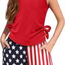 Arshiner Girls Summer Clothing Sets 2 Piece Outfits Knit Ruched Knot Side Tank Top and High Waist Shorts with Pockets (11-12 Years, Red 4th of July)