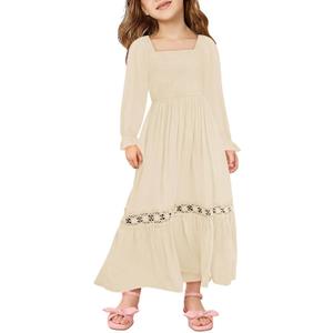 Haloumoning Girls Boho Summer Dresses Long Sleeve Square Neck Smocked Beach Dress Flowy A-line Maxi Dress  (150)