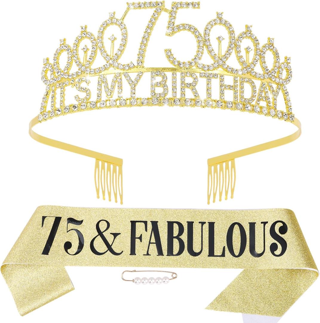 75th Birthday Decorations for Women, 75th Birthday Gits for Her Party Decorations Set- Crown Tiara and Sash with 75 & Fabulous