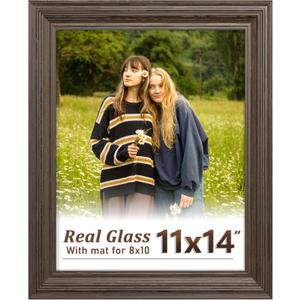 11x14 Brown Picture Frame - Real Glass, Classic Thick Frame Display Pictures 8x10 with Mat or 11 x 14 without Mat, Wall Hang or Table Stand