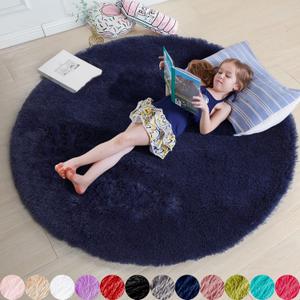 Amdrebio Dark Navy Round Rug 4Ft for Boys Room Bedroom, Fluffy Shag Fuzzy Plush Circle Area Rugs for Kids, Teens, Living Room Decor Aesthetic, Indigo Furry Cool Dark Blue Carpet for Dorm Baby Nursery