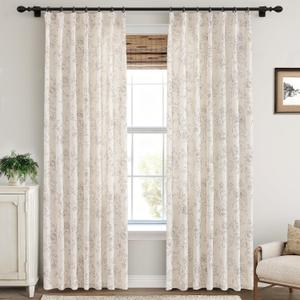Pinch Pleated Floral Linen Curtains 96 inch Long Coffee and Cream Memory Trained Curtain Light Filtering Living Room Farmhouse Flower Pattern Printed Pinch Pleat Drapes with Hooks 2 Panels 40W x 96"L