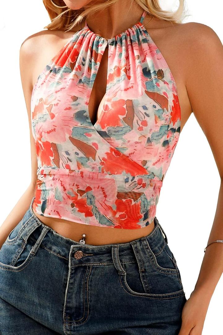 2026 Women's Summer Halter Top V Neck Print Sleeveless Tie Back Mesh Backless Crop Camisoles Tops (Green, XL)