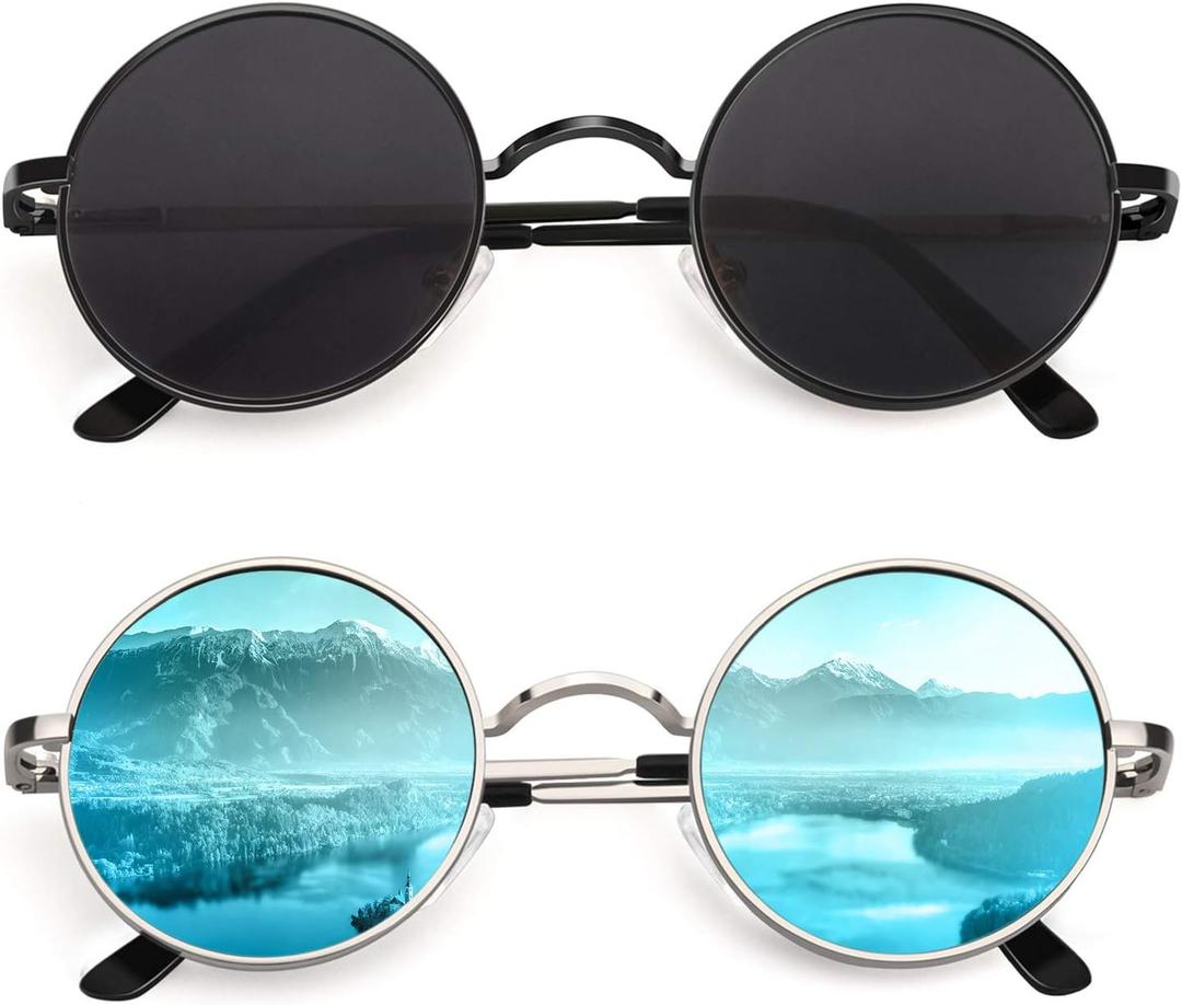 CGID Retro Round Polarized Sunglasses Mens Womens Circle Metal Hippie Shades UV400 Protection E01 (Black Frame Black Lens & Silver Frame Blue Lens Mirrored)