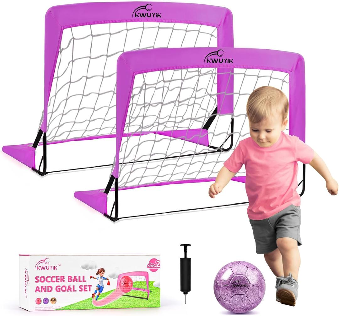 4Pcs Soccer Goals Set 2Pcs Soccer Nets 2x1.5ft 1Pcs Ball 1Pcs Pump Indoor Soccer Nets for Kids with Size 2 Toddler Soccer Ball Foldable Net with Pump Pink Purple for Children Boys Girls