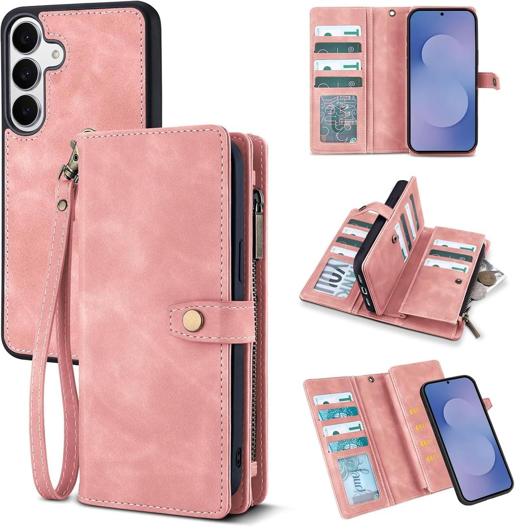 TwoHead Wallet Case Compatible with Samsung Galaxy S25 FE,Detachable Magnetic Phone Case,PU Leather All-Round Protective Cover Wallet,with Card Holder/Change Pocket(6.7 in,Pink)